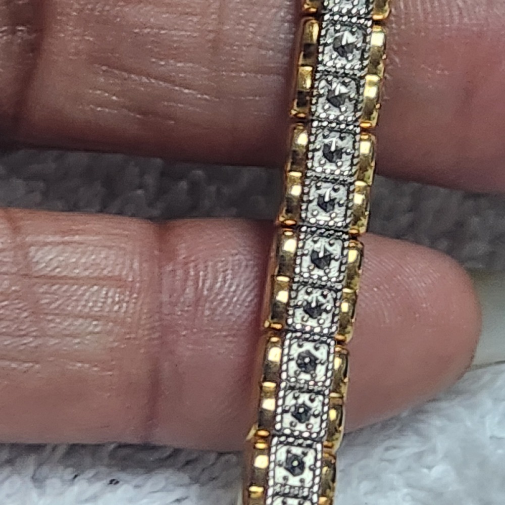 Gold Tone Two Tone Faux Diamond Tennis‎ Bracelet Square Link 7 Inch Q43